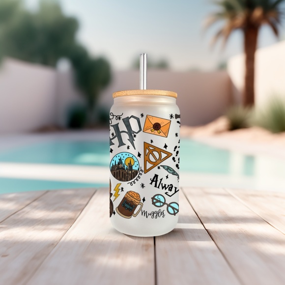 Harry Potter  16oz Frosted Libbey Glass Can with Bamboo Lid and Straw - Picture 3 of 5